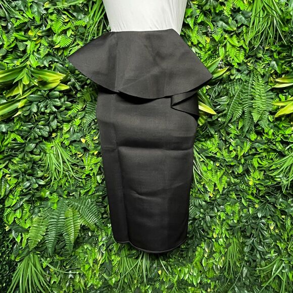 Women Skirt Medium Black Midi Peplum Stretch Fitted Ruffle Fits Small AOMEI 1284 - Picture 4 of 7